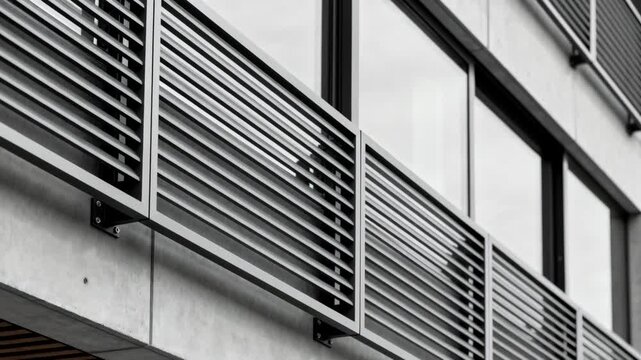 Medium shot of minimalist fixed louvered brise soleil structure providing optimal sun protection showcasing sustainable design in contemporary architecture.