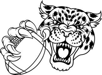 A jaguar, panther, leopard or cheetah wildcat spotted cat American football sports team mascot holding a ball