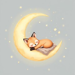 Cute fox sleeping on a crescent moon with stars in night sky  