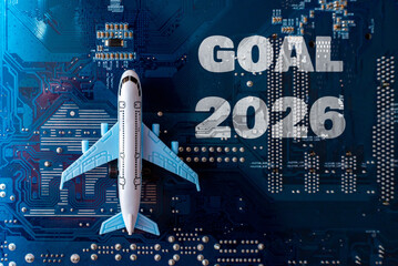 Toy plane on new year 2026 start or goal concept. Text 2026, written on the electronic computer circuit board hardware technology. Motherboard digital chip. Computer components background.