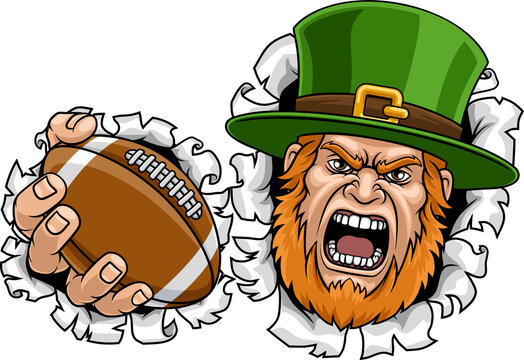 An angry Leprechaun Celtic Irish cartoon character holding American Football ball sports team mascot illustration.
