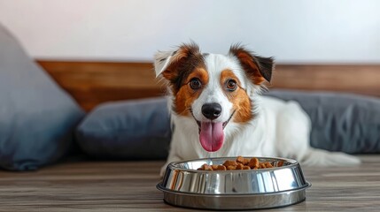 Delightful dog eagerly awaits its delectable dinner, showcasing excitement next to a full bowl.