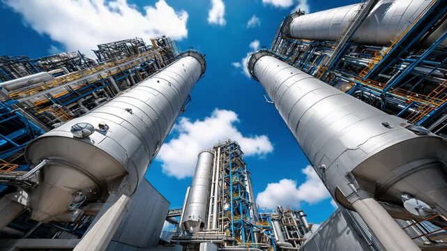 Industrial Complex Under a Vibrant Sky: A compelling low-angle view of a vast industrial complex. The complex structures stretch skyward, reflecting the expansive blue sky adorned with fluffy clouds.