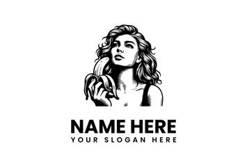 Vintage portrait of a beautiful woman holding a peeled banana, a stylish brand identity vector logo illustration