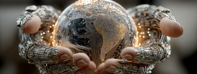 3D holographic Earth above open hands, digital circuits, data streams, luminous particles, global AI network theme
