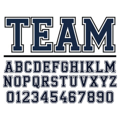 Athletic Style Font Alphabet and Numbers with " TEAM