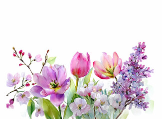 Watercolor floral card with delicate spring flowers and lilac tulips. Elegant botanical border design perfect for romantic wedding invitations and garden-themed celebrations.
