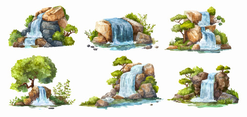 Watercolor waterfall illustration with cascading water flowing over rocks, surrounded by lush tropical trees and mountain landscape in cartoon style © Narin