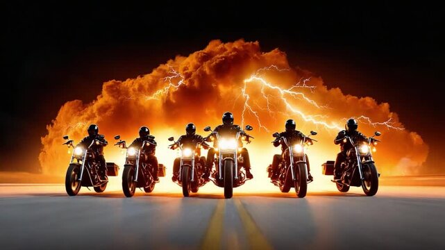 Thunderous Ride: A collective of riders, astride powerful motorcycles, head boldly into a storm, their silhouettes against the dramatic background of a glowing storm cloud.