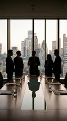 Silhouettes of business people meeting in a high-rise conference room with city view.

