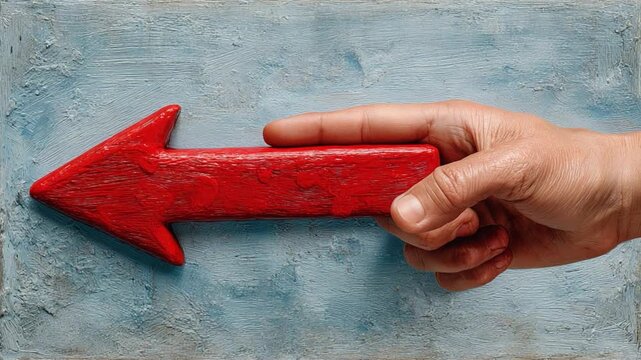 Red Arrow Direction: A hand firmly holds a vibrant red arrow pointing towards the left, set against a textured blue backdrop, creating a compelling visual metaphor for direction and guidance.