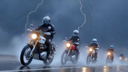 Riding Against the Storm: A group of motorcycle enthusiasts navigate a stormy highway, their illuminated headlights cutting through the darkness amidst lightning flashes.