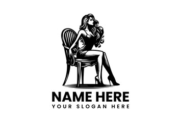 Classic beauty emblem of an elegant woman sitting on a chair, a monochrome vintage style vector logo illustration