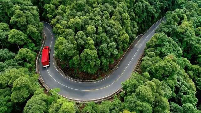 Winding Road Through Lush Forest: A vibrant red vehicle journeys along a serpentine road that gracefully carves through a dense, green forest, creating a harmonious blend of nature and transportation.