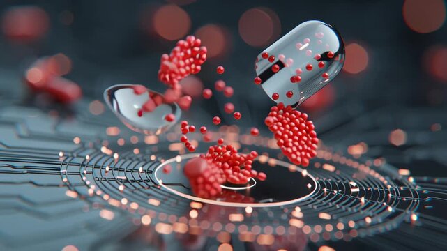 A pill is floating in the air above a pile of red pills. Close-up capsule hovering above target site before activation, surgical precision future biotech, targeted drug delivery