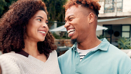 Fototapeta premium Laugh, home and selfie of couple outdoor for love, care and social media update with post. African man, funny woman and picture by house for photography, bonding or happy memory together with partner
