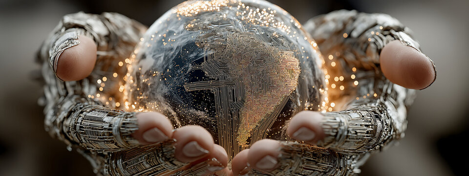 3D holographic Earth above open hands, digital circuits, data streams, luminous particles, global AI network theme - Powered by Adobe