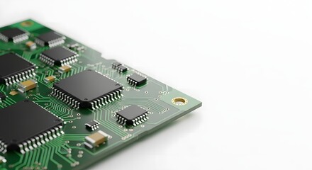 Close up detail of an electronic motherboard with processors and components on a white background