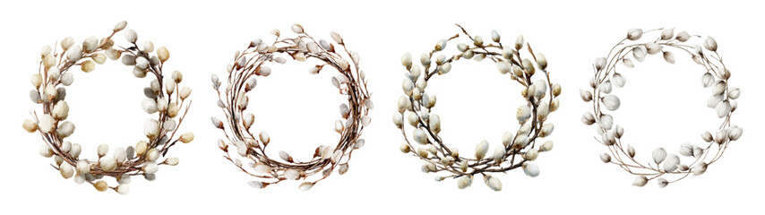 Watercolor willow branches with earrings in a round frame. Spring greeting card design for Easter with delicate flowers on an isolated background. Vector illustration. © Narin