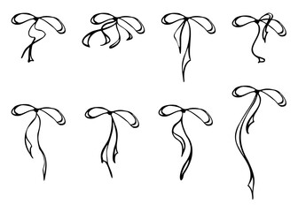 Luxury thin string ribbon bows tied in sleek loops ang hanging tails. Vector elegant set hand drawn in ink. Ideal for premium branding, cosmetics packaging, boutique tags, minimalist product design.
