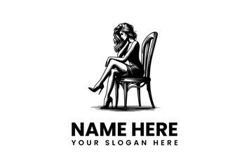 Classic vector logo illustration of a beautiful woman in a dress sitting elegantly on a chair