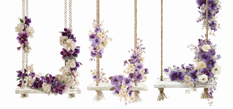 Set of watercolor wooden swings decorated with flowers. Swings on a rope are decorated with bunches of flowers in pastel colors. Perfect for wedding invitation design, romantic cards and decor.