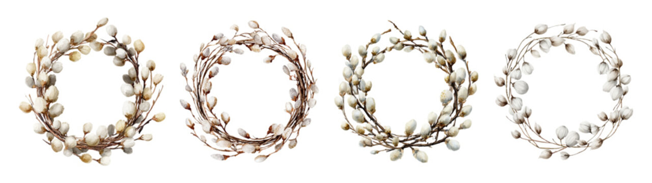 Watercolor willow branches with earrings in a round frame. Spring greeting card design for Easter with delicate flowers on an isolated background. Vector illustration.