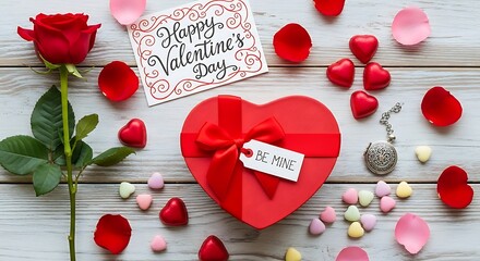 A romantic Valentine's Day composition featuring a red heart-shaped gift box with a 'Be Mine' tag, a single rose, and sweet candy hearts on a white wooden background
