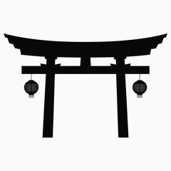 Black Silhouette of a Japanese Torii Gate with Lanterns