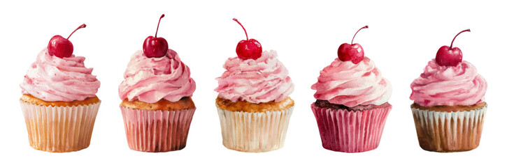 Watercolor set of cherry cupcakes with lush pink cream. Dessert decorated with bright red cherries. Cupcakes served in paper molds. Sweet desserts with cream and cherries. Vector illustration.