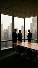Silhouettes of business people meeting in a high-rise conference room with city view.	
