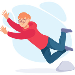 Young Man Falling Down Wearing Red Hoodie Blue Jeans and Glasses Orange Hair with Round Spectacles...