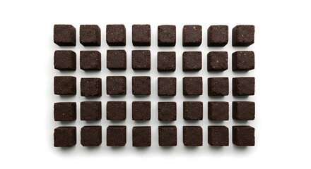 Top view arrangement of square brown soil or peat moss cubes isolated on a white background