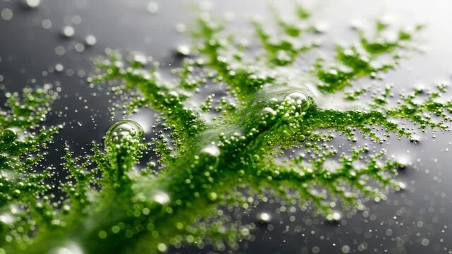 Green algae develops intricate patterns as bubbles form on a dark reflective surface