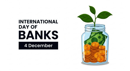 Glass Jar Filled with Coins, Banknote and Plant for International Day of Banks