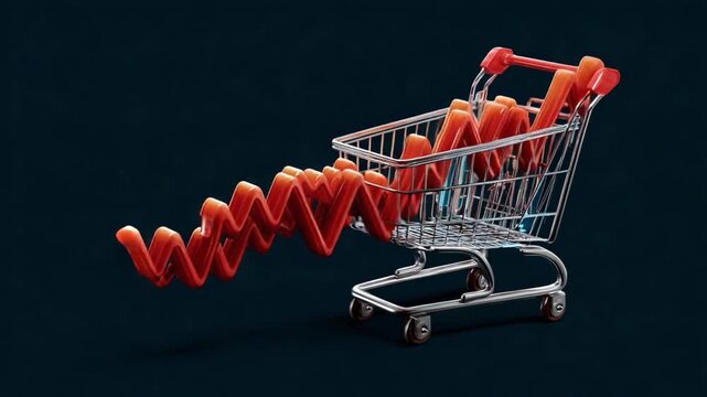 Shopping Cart Dynamics: A stylized shopping cart, metaphorically carrying an upward-trending financial graph, representing economic growth and market momentum, against a deep blue backdrop.