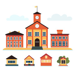 Naklejka premium Flat minimalist vector illustration of school building with clock tower and small houses set isolated on white background educational architecture design concept