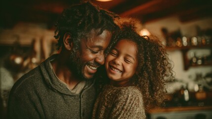 Obraz premium Father with Vitiligo Holding Smiling Daughter in Cozy Kitchen