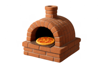 Traditional pizza baking in brick oven on transparent background