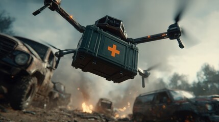 High-Tech Medical Drone Delivering Emergency Aid Above Wreckage
