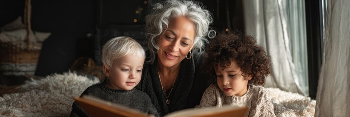 Grandmother Reading to Grandchildren on Living Room Carpet