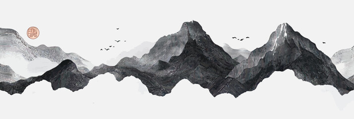 Black ink mountain range landscape with mist clouds and flying birds in traditional oriental minimalist Japanese style vector illustration background