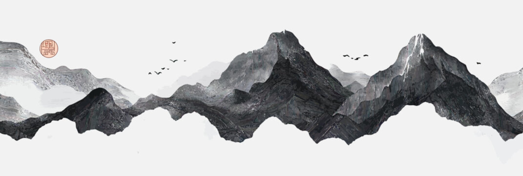 Black ink mountain range landscape with mist clouds and flying birds in traditional oriental minimalist Japanese style vector illustration background