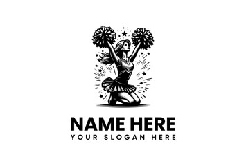 Cheerleader vector logo illustration, performing a cheer, artistic design, emblem concept for team spirit or sport activity