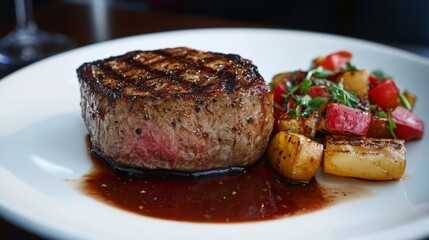 Juicy steak fillet with perfect grill marks, colorful potato medley, and rich sauce on a plate