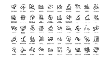 Research and development icon set collection. Containing evolution, operation, searching, charity, clinical, lab, report .Line vector icons collection