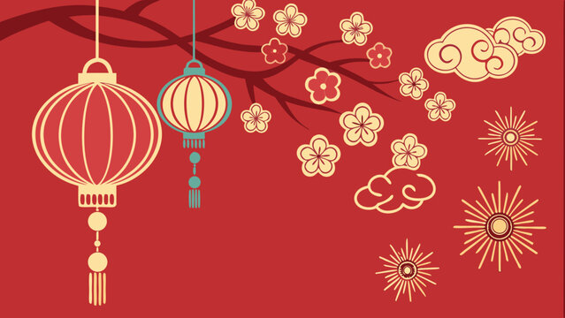 A festive Chinese New Year illustration on a bold red background: two cream-and-teal paper lanterns hang from a plum blossom branch, surrounded by scattered peach blossoms, swirling clouds, and golden