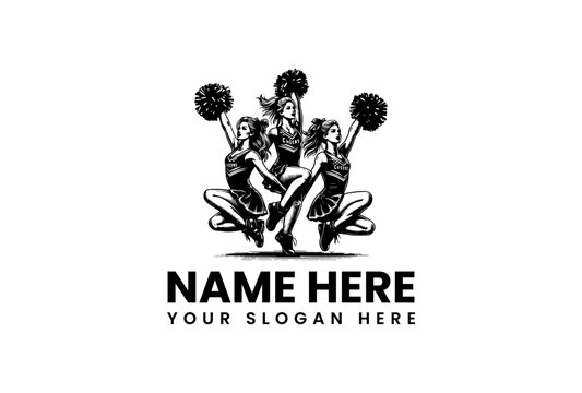 Energetic trio of cheering women, a dynamic black and white vector logo illustration capturing spirit, athleticism, and teamwork for sports branding