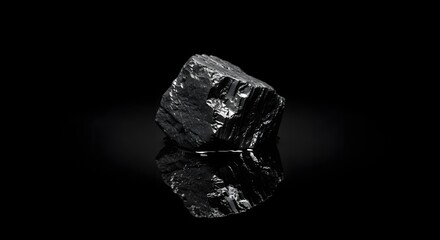 Single piece of black mineral coal rock isolated on a black background with reflection