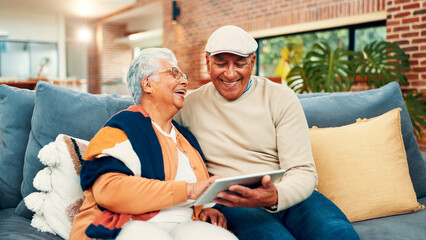 Home, happy and senior couple on tablet for online streaming, bonding and laugh together. Retirement, marriage and old man and woman on digital tech for funny videos, comedy movie and relax on sofa
